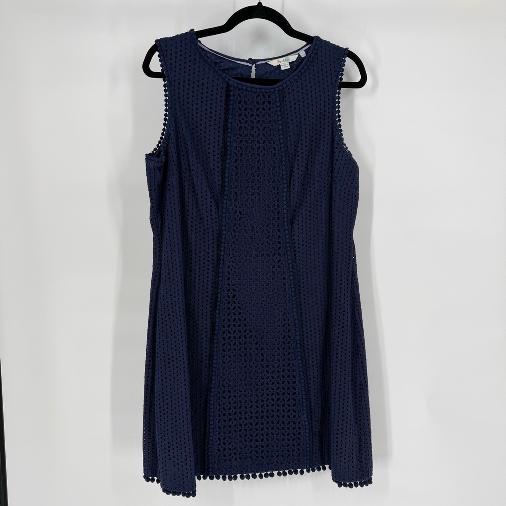 Boden Eyelet Lace Shift Dress Sleeveless Pom Trim Lined Old Monet 12R Mature Art